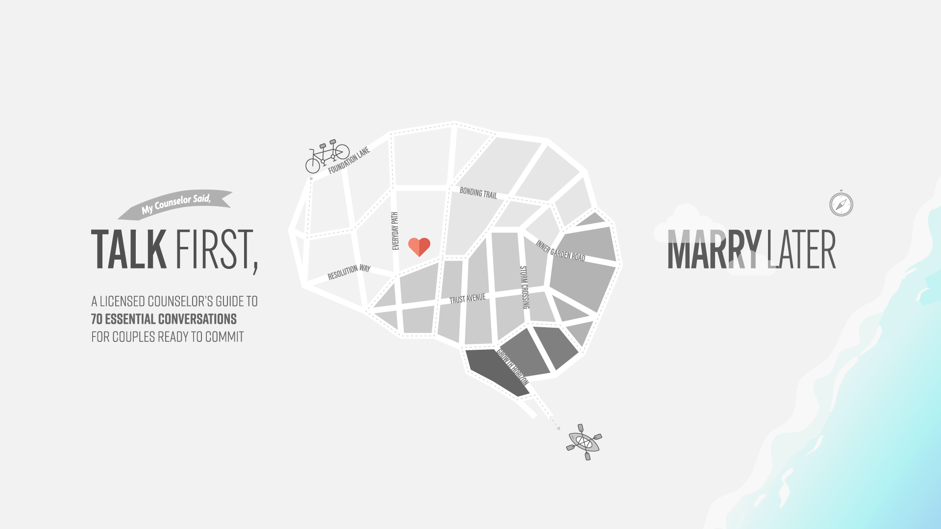 Illustrated map design of a brain-shaped neighborhood with street names like "Trust Avenue" and "Bonding Trail," highlighting the title Talk First, Marry Later by licensed counselor Dr. Jinse Kim.