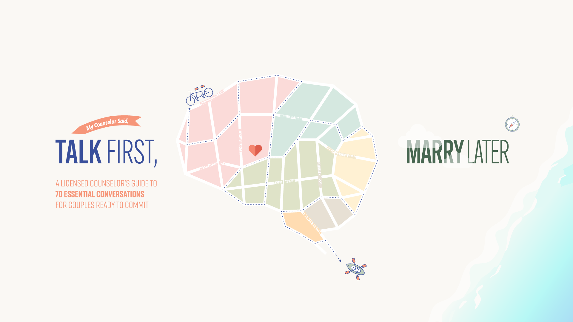 Illustrated map design of a brain-shaped neighborhood with street names like "Trust Avenue" and "Bonding Trail," highlighting the title Talk First, Marry Later by licensed counselor Dr. Jinse Kim.